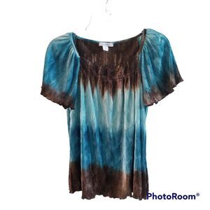 Dressbarn Brown Aqua Ombre Flutter Sleeve Top Ribbed Crepe Fabric - Beautiful